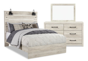 Ensemble de chambre à coucher Abby 5 pièces avec lit à panneau, commode, miroir, éclairage à DEL et port USB, blanc - format grand lit