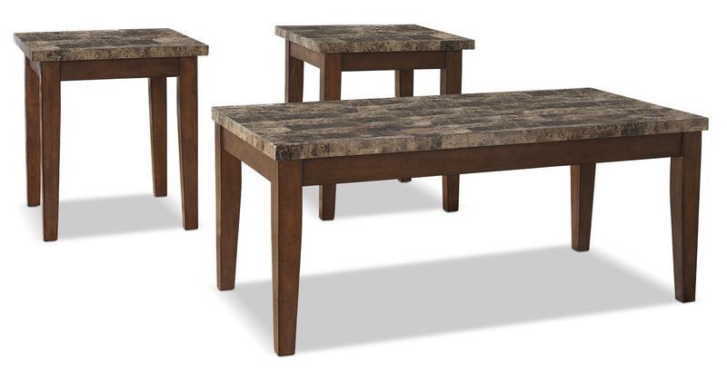 Theo 3-Piece Coffee and Two End Tables Package - Contemporary style Occasional Table Package in Light Brown Wood/Stone