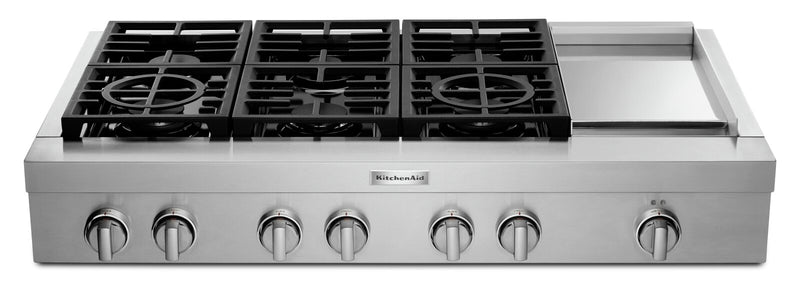 KitchenAid 48'' 6-Burner Commercial-Style Gas Range Top with Griddle - KCGC558JSS - Range Top in Stainless Steel 
