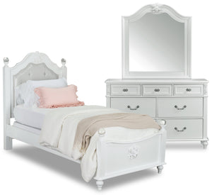 Ensemble de chambre à coucher Livy 5 pièces pour enfants avec lit à panneau, commode et miroir, blanc - format lit simple