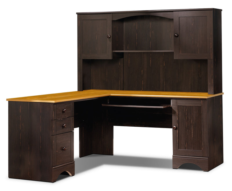 Harbor View Corner Desk with Hutch – Antiqued Paint - Country style Desk in Dark Brown Wood