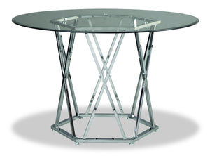 Table de salle à manger ronde Luna de 47 po (L) en métal avec dessus en verre et base piédestal - argentée
