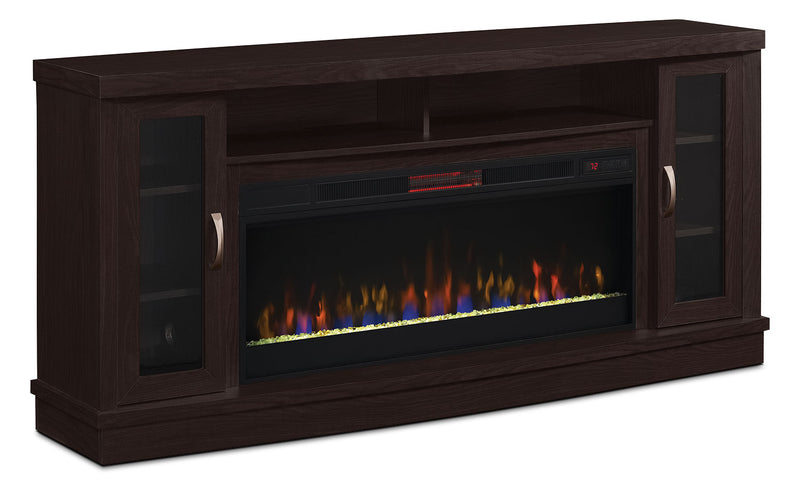 Hutchinson 70” Stand with Glass Ember, Log or Rock Firebox - Modern style TV Stand with Fireplace in Espresso Wood