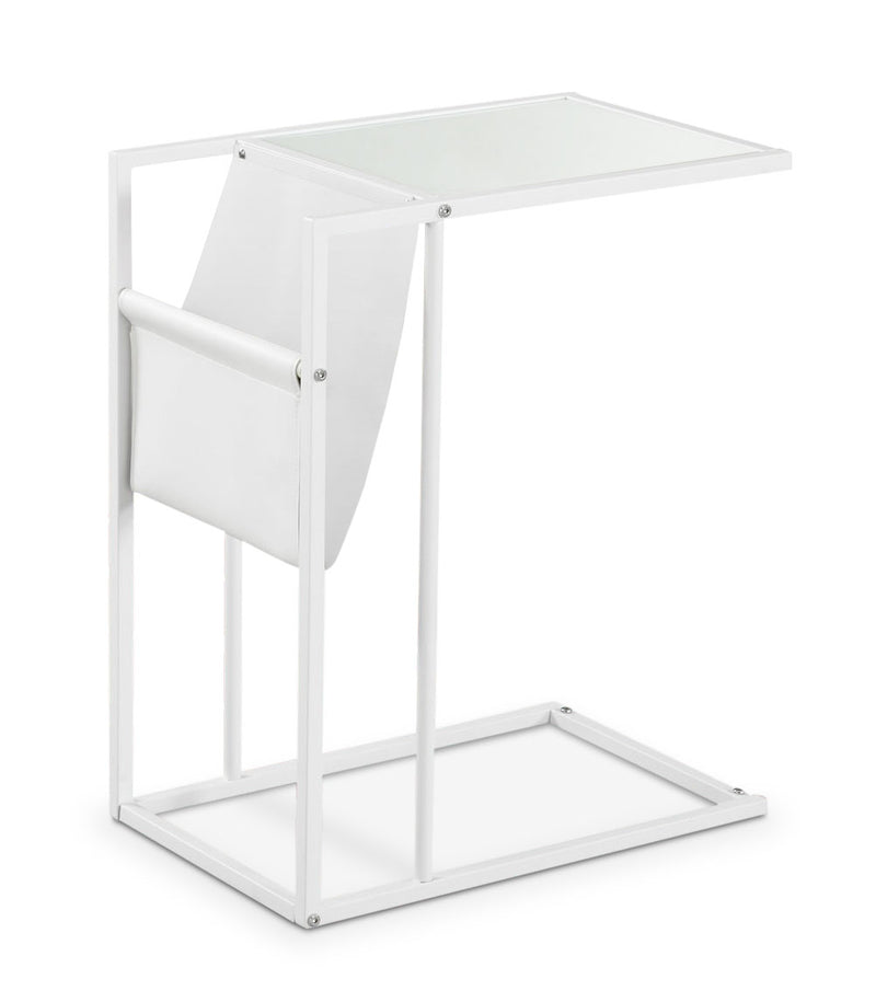 Durham Accent Table with Magazine Rack – White - Modern style End Table in White Metal and Glass