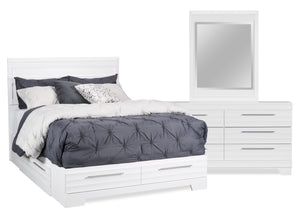 Ensemble de chambre à coucher Olivia 5 pièces fabriqué au Canada avec lit de rangement, commode et miroir, blanc - format lit double