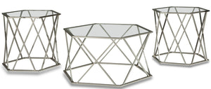 Ensemble 3 tables hexagonales modernes Madanere de 39 po (table à café et 2 tables de bout) - métal chromé avec dessus en verre