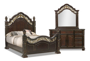 Ensemble de chambre à coucher Wynn 5 pièces avec lit, commode et miroir, brun cerisier - format très grand lit