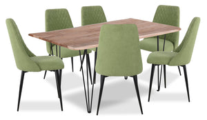 Ensemble de salle à manger Miya 7 pièces en acacia et métal avec table de 60 po (L), bordures Live Edge et 6 chaises - vert mousse