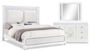 Ensemble de chambre à coucher Ava 5 pièces somptueux avec lit, commode, miroir et éclairage à DEL, blanc - format grand lit