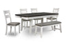 Ensemble de table de salle à manger Echo 6 pièces avec table de 70 po (L), tiroirs de rangement, base à tréteaux, banc et 4 chaises - blanc-gris