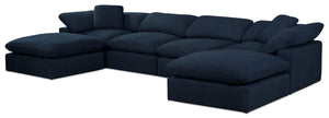 Sofa sectionnel modulaire Eclipse 6 pièces en tissu d'apparence lin avec 2 poufs - bleu marine