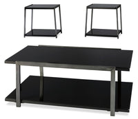 Ensemble 3 tables modernes Rollynx de 48 po (table à café et 2 tables de bout) avec tablette - verre noir avec pattes en métal argenté