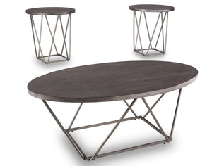 Ensemble 3 tables ovales modernes Neimhurst de 47,5 po (table à café et 2 tables de bout) - dessus gris-brun avec pattes en métal