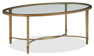 Table à café ovale traditionnelle Copia de 50 po avec dessus en verre - argentée et dorée avec base en métal