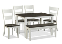  Ensemble de salle à manger Ella 6 pièces avec table, banc, rallonge de 48 po à 66 po (L) et 4 chaises - deux teintes, blanc et brun