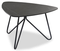 Table de bout triangulaire moderne Hamilton de 29,72 po - dessus en imitation de marbre gris avec pattes en métal noir