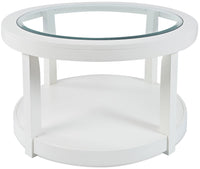 Table à café ronde moderne Corey de 34 po avec dessus en verre, tablette et roulettes - bois blanc