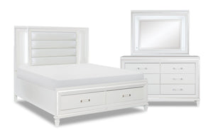 Ensemble de chambre à coucher Max 5 pièces somptueux avec lit de rangement, commode, miroir et éclairage à DEL, blanc - format grand lit