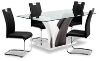  Ensemble de salle à manger Tuxedo 5 pièces avec table de 72 po (L), dessus en verre, base piédestal et 4 chaises - noir