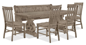 Ensemble de salle à manger Keswick 6 pièces avec table, rallonge de 80 po à 112 po (L), base à tréteaux, banc et 4 chaises - gris tourterelle